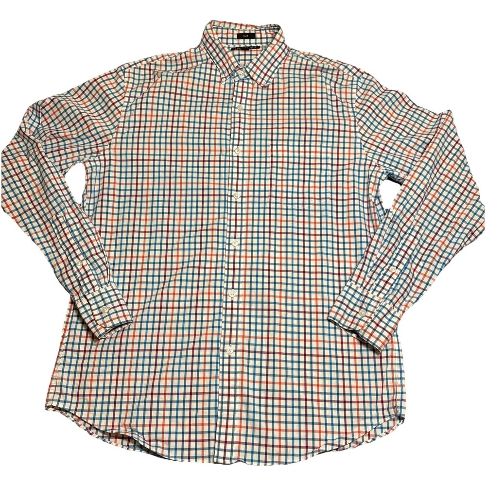 J.Crew Mercantile Shirt Mens Blue Orange Excellent Slim Flex Tattersall L